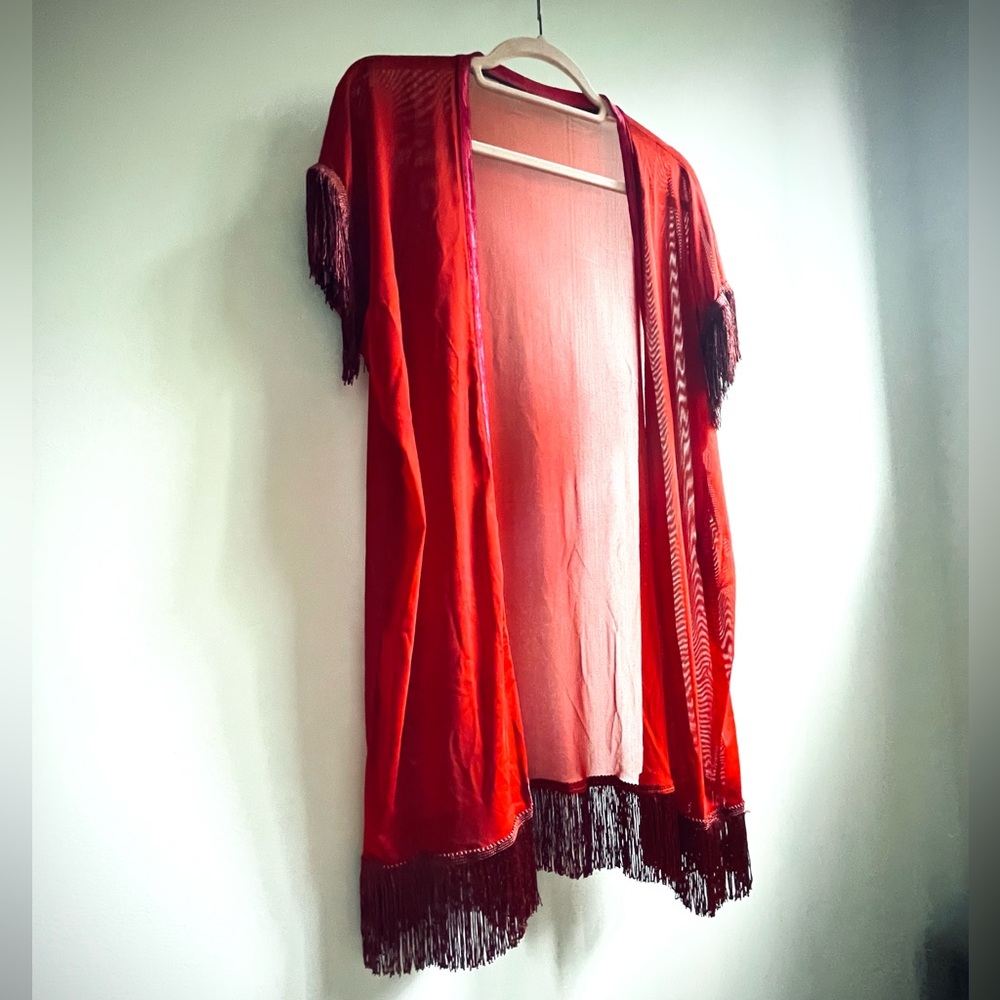 Sheer Rust Red Fringe Cover Up Size Medium